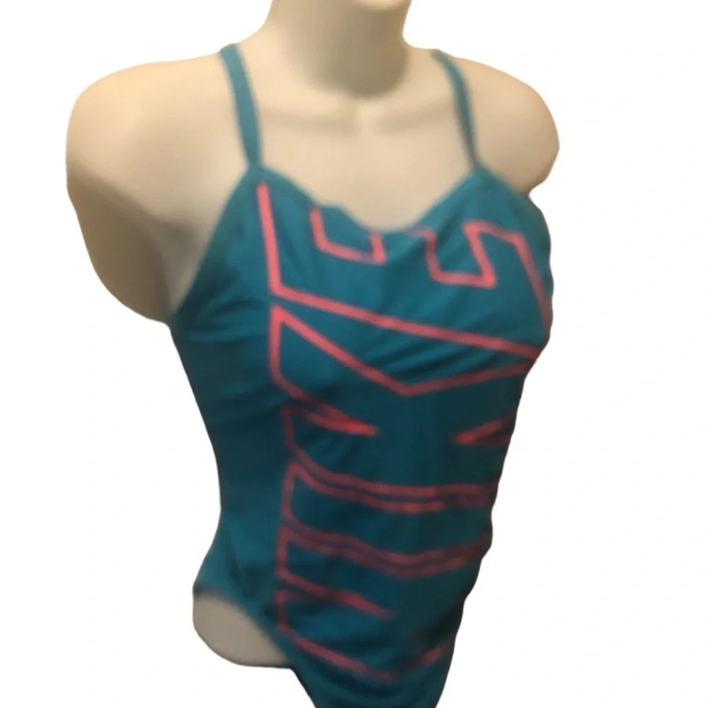 Nike Sport Swim Tank 1PC Swimsuit Sz 8 Sky Blue Pink Spell~Out Logo Racerback